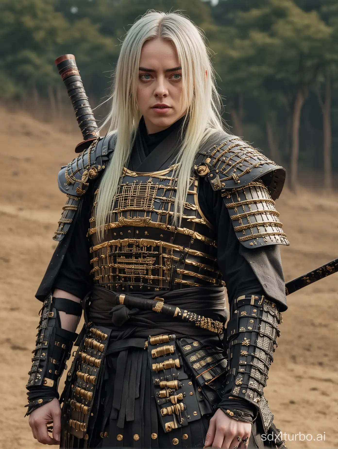 Billie-Eilish-in-Ancient-Japanese-Warrior-Armor-with-Katana-on-Battlefield