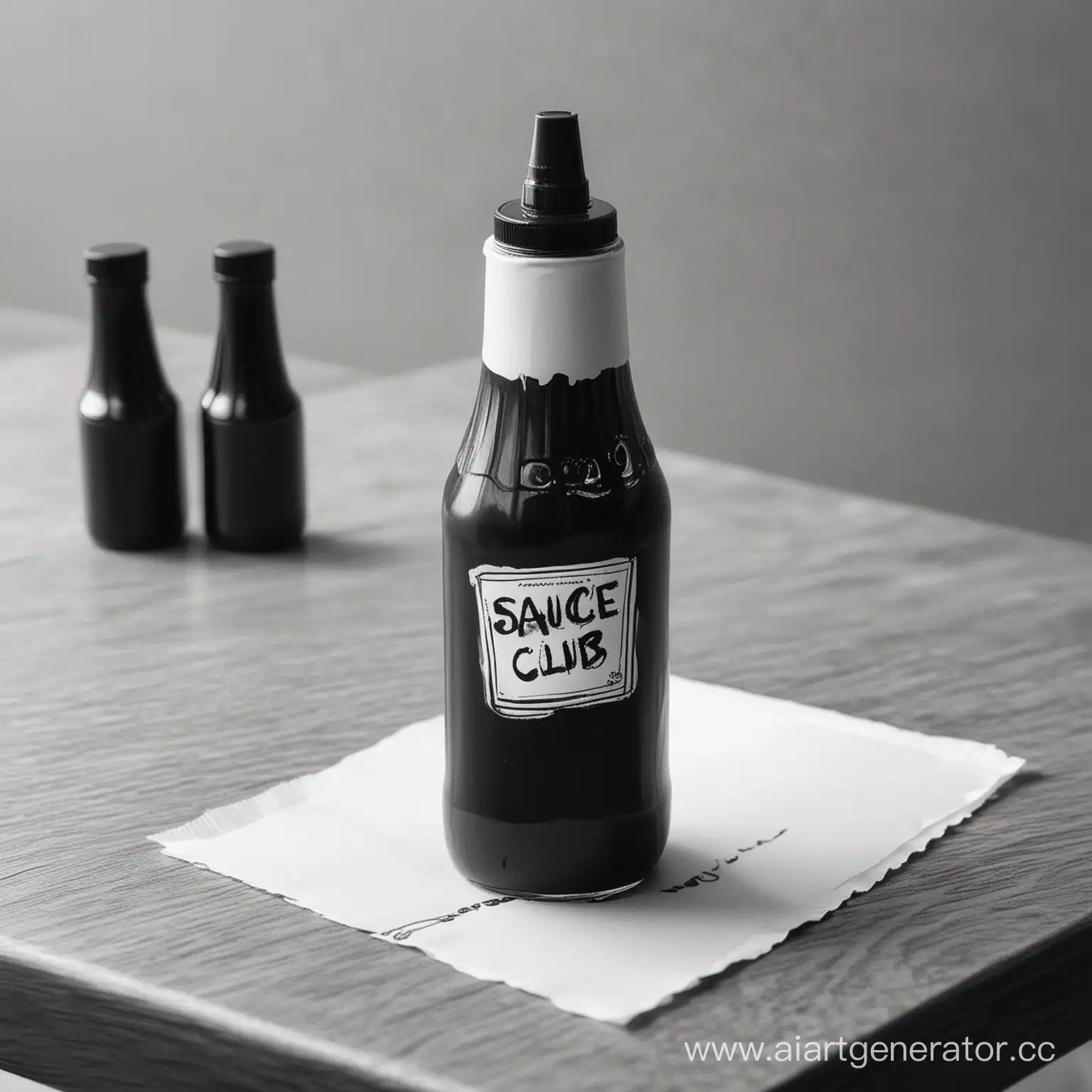 Кетчуп стоит на столе, на нём написано Sauce Club черным маркером, реалистично, чёрно-белое