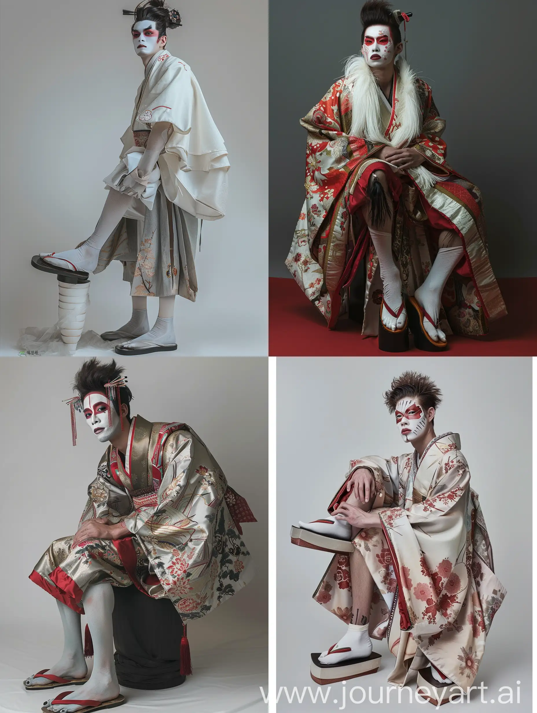 Create a male model with geisha makeup in traditional Chinese hanfu clothes on very high geta shoes