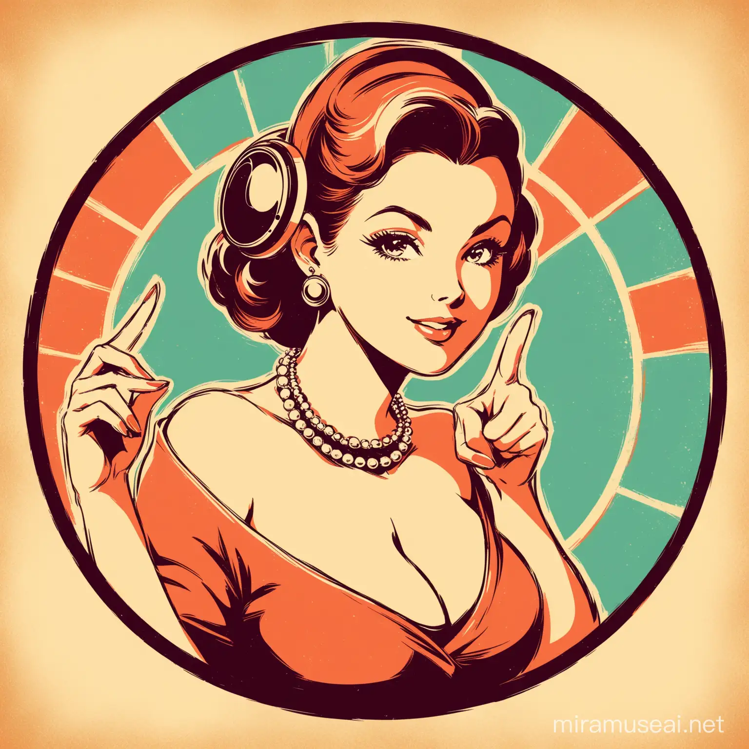 Retro poster design, retro colors. Pinup style. Very nice drawing, flat, 2d, vintage style. Vintage lady, Circle composition. Retro vinyl elements. Very elegant lady listening music . Pointing on you