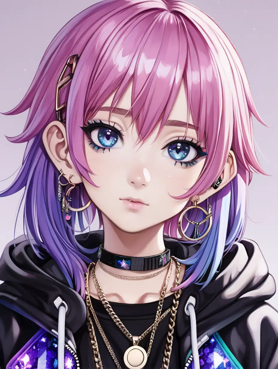 AnimeStyled Girl with Pink Hair and Glitter Fashionable Purple and Black Outfit