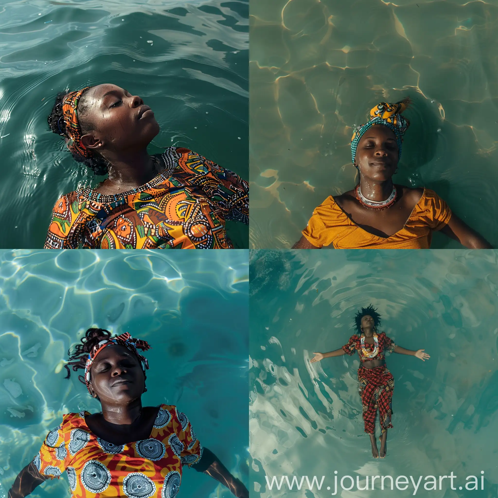 Upclose erial view of an African woman floating on water On a sunny day.