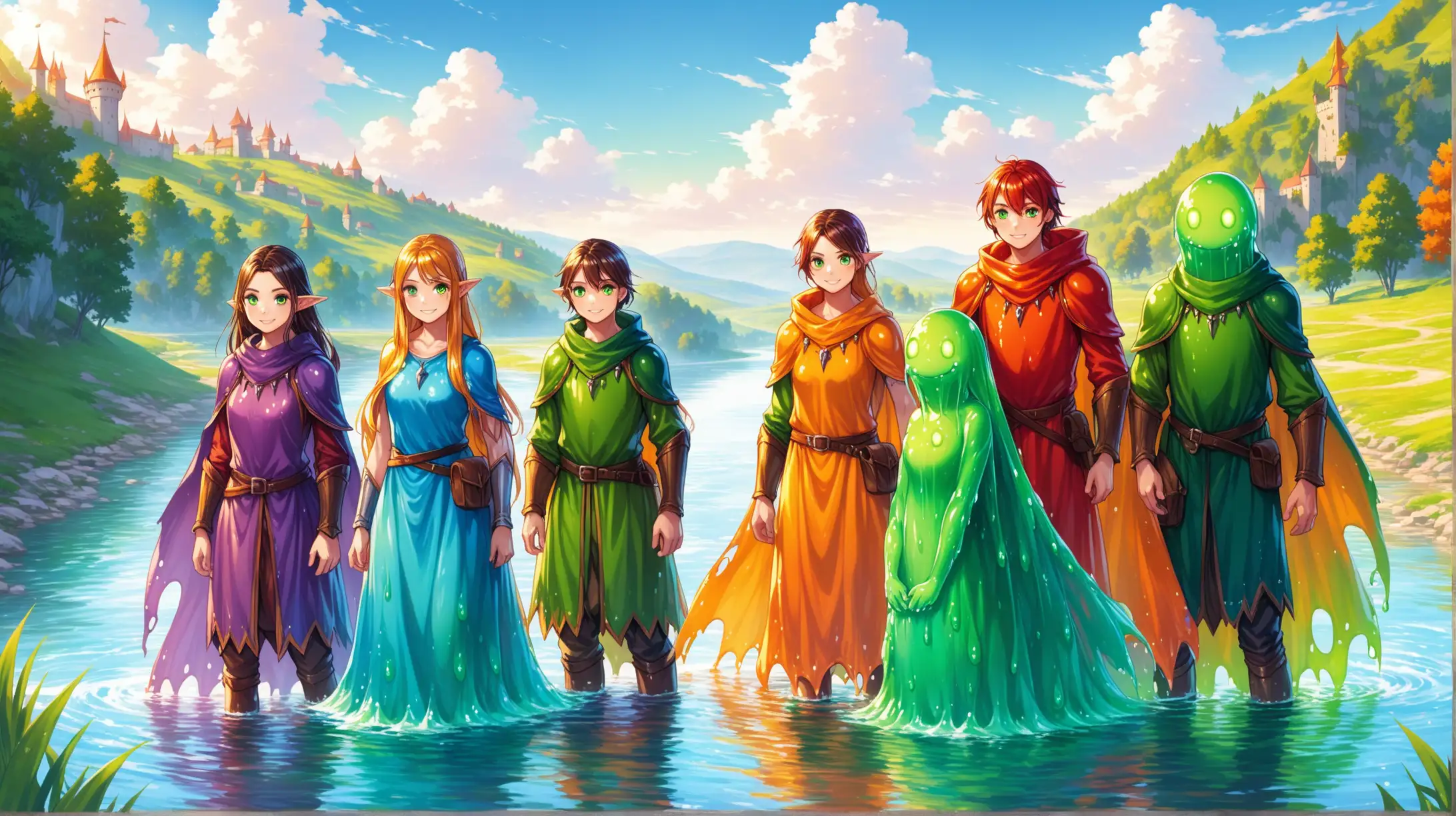 group of slimefolk, boys and girls, shiny eyes, purple blue orange green yellow red, river, day, Medieval fantasy