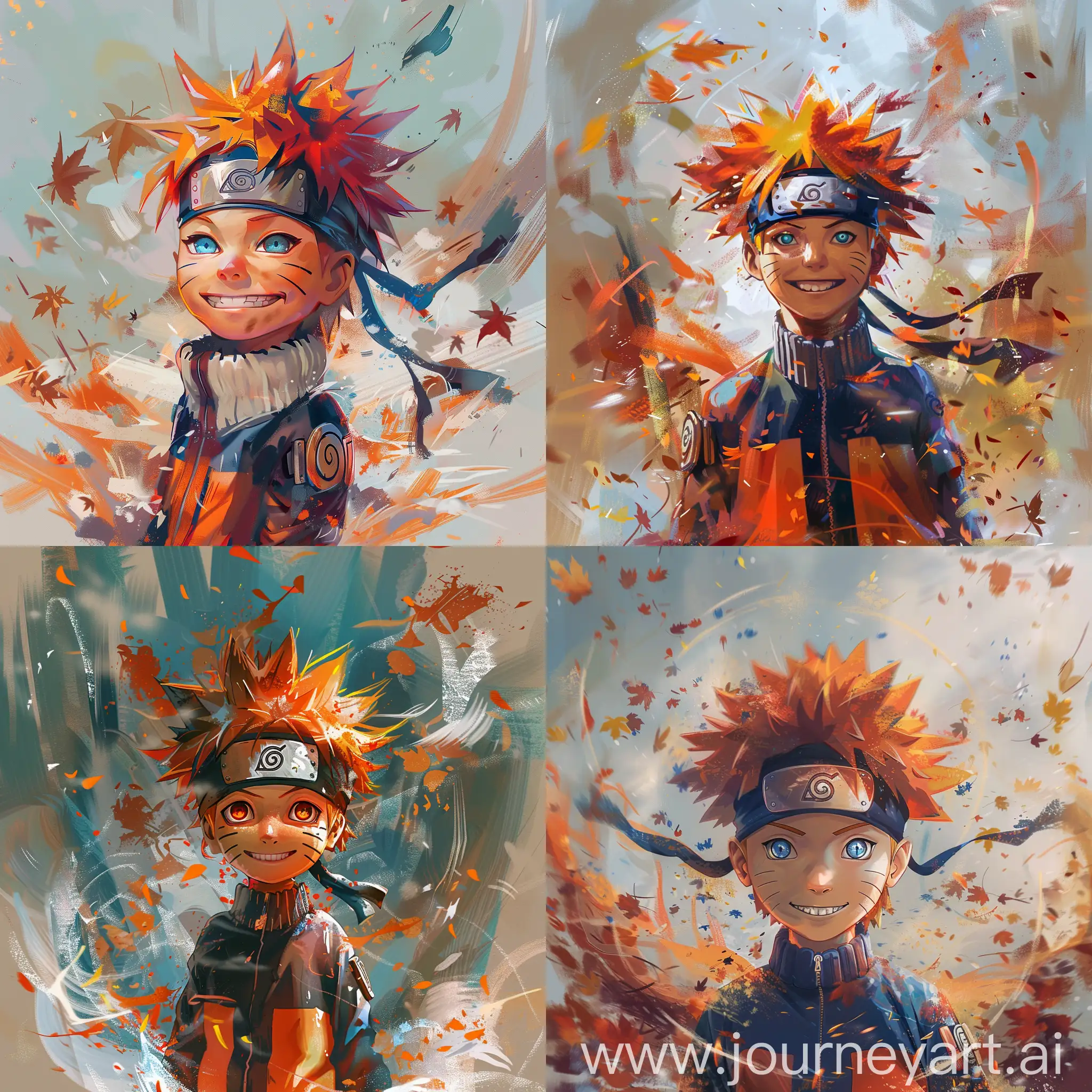 naruto is the essence of a spirited and adventurous youth. This character has wild, spiky hair the color of the midday sun, and eyes like clear skies, full of life and curiosity. They're dressed in an attire that mixes traditional and modern ninja garb, with a color palette that includes vibrant oranges and deep blues, symbolizing both energy and steadfastness. They wear a simple headband adorned with a symbol that speaks of their connection to their village—a place of camaraderie and growth. The character stands with a confident grin, a stance that's relaxed yet ready for any challenge. The background is a blur of movement, with splashes of color and stylized motifs that suggest a whirlwind of leaves, evoking a sense of motion and vitality. The entire composition should breathe with the character's indomitable spirit, capturing the blend of anime aesthetics and semi-realistic digital art, highlighting the textures and light play that give the scene its depth and allure.
