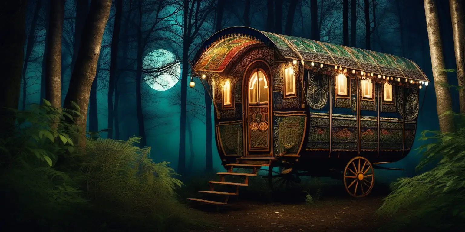 a photo of a dense forest, a romanian  gypsy wagon is nestled among the trees, its ornate designs gleaming under the moonlight.