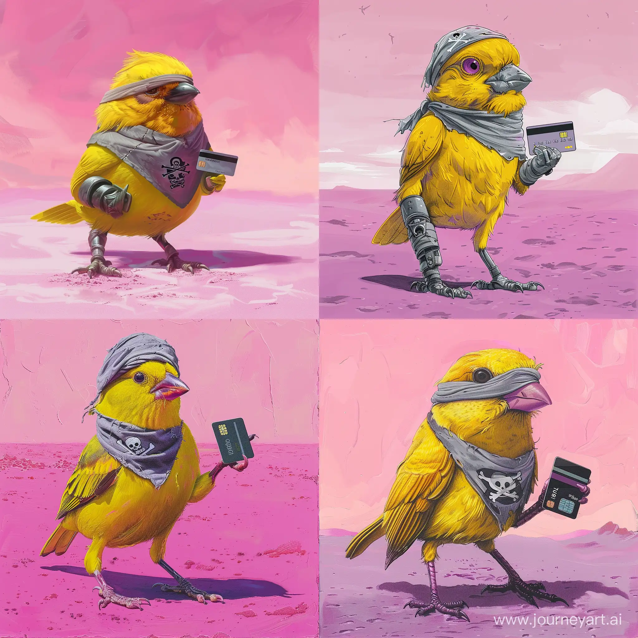 Yellow-Sparrow-Pirate-with-Iron-Legs-Holding-Credit-Card-on-Violet-Sand