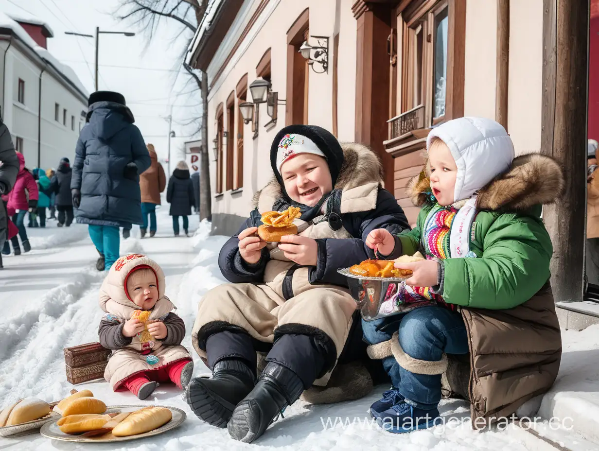 Maslenitsa on the street. A child sits on the father and eats a sugar cockerel. And next to them stands a joyful mother.