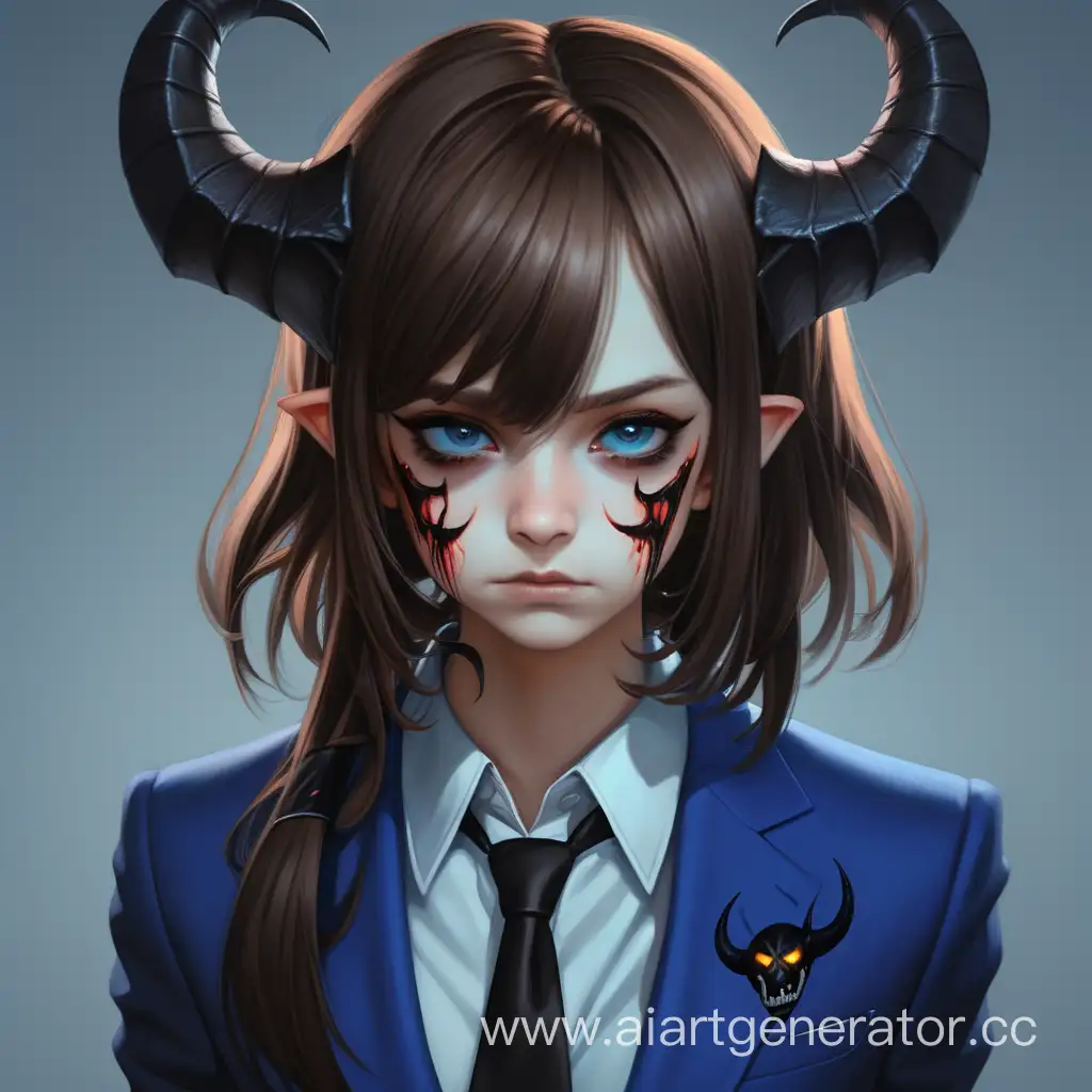 a girl with brown hair,black demon horns,demon wings and tail,a blue suit,,there are scratches on her face