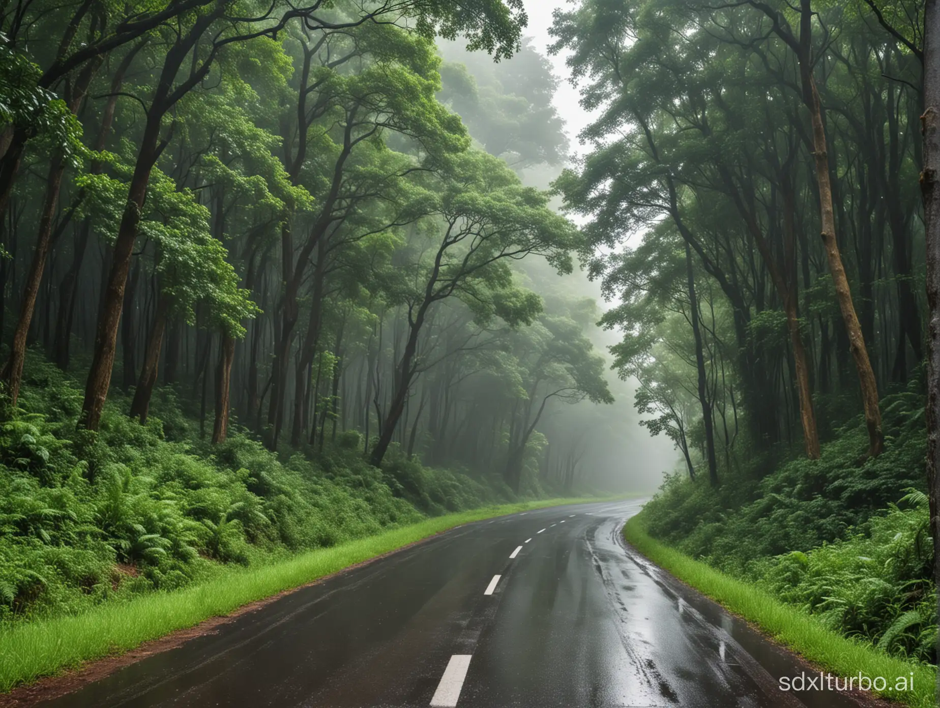 a scenic view of a road in a lush green forest after the rain