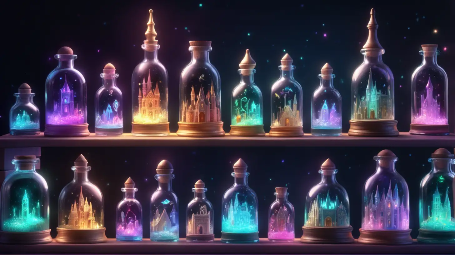 a box of glowing keys, fairytale, magical, library and glowing potions and inside the bottle are iridescent castles, 8K.