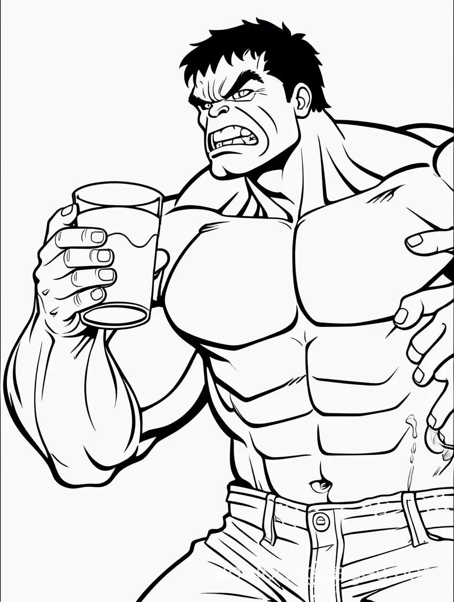 hulk drinking a glass of milk, Coloring Page, black and white, line art, white background, Simplicity, Ample White Space. The background of the coloring page is plain white to make it easy for young children to color within the lines. The outlines of all the subjects are easy to distinguish, making it simple for kids to color without too much difficulty