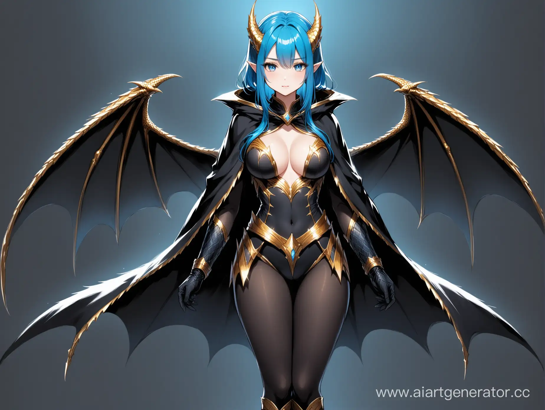 Enigmatic-Woman-BlueHaired-Figure-in-Elegant-Black-and-Gold-Cloak-with-Dragon-Wings