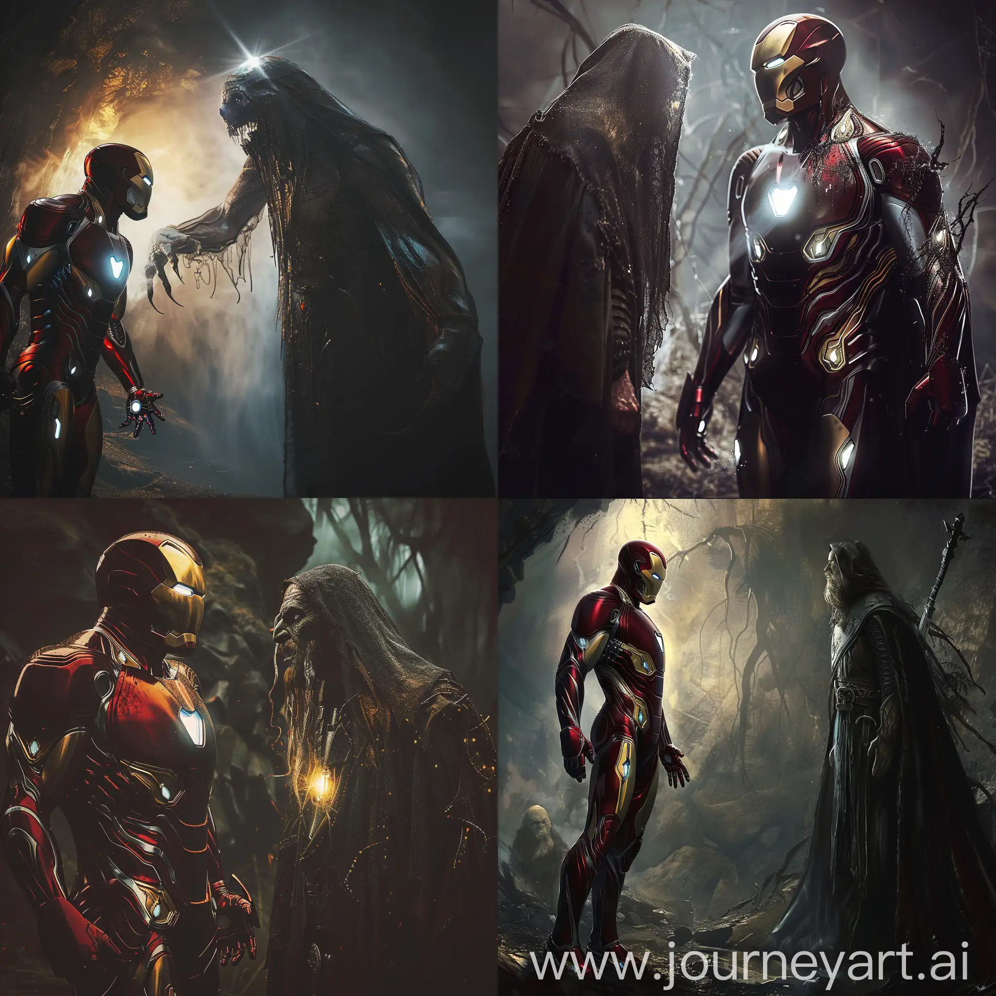 Iron Man from MCU facing a Nazgûl from Tolkien universe, hd, dramatic light