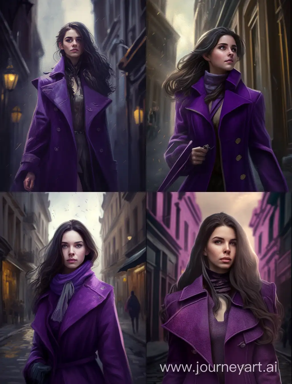Stylish-Brunette-in-Elegant-Purple-Coat-Roaming-Old-European-Streets