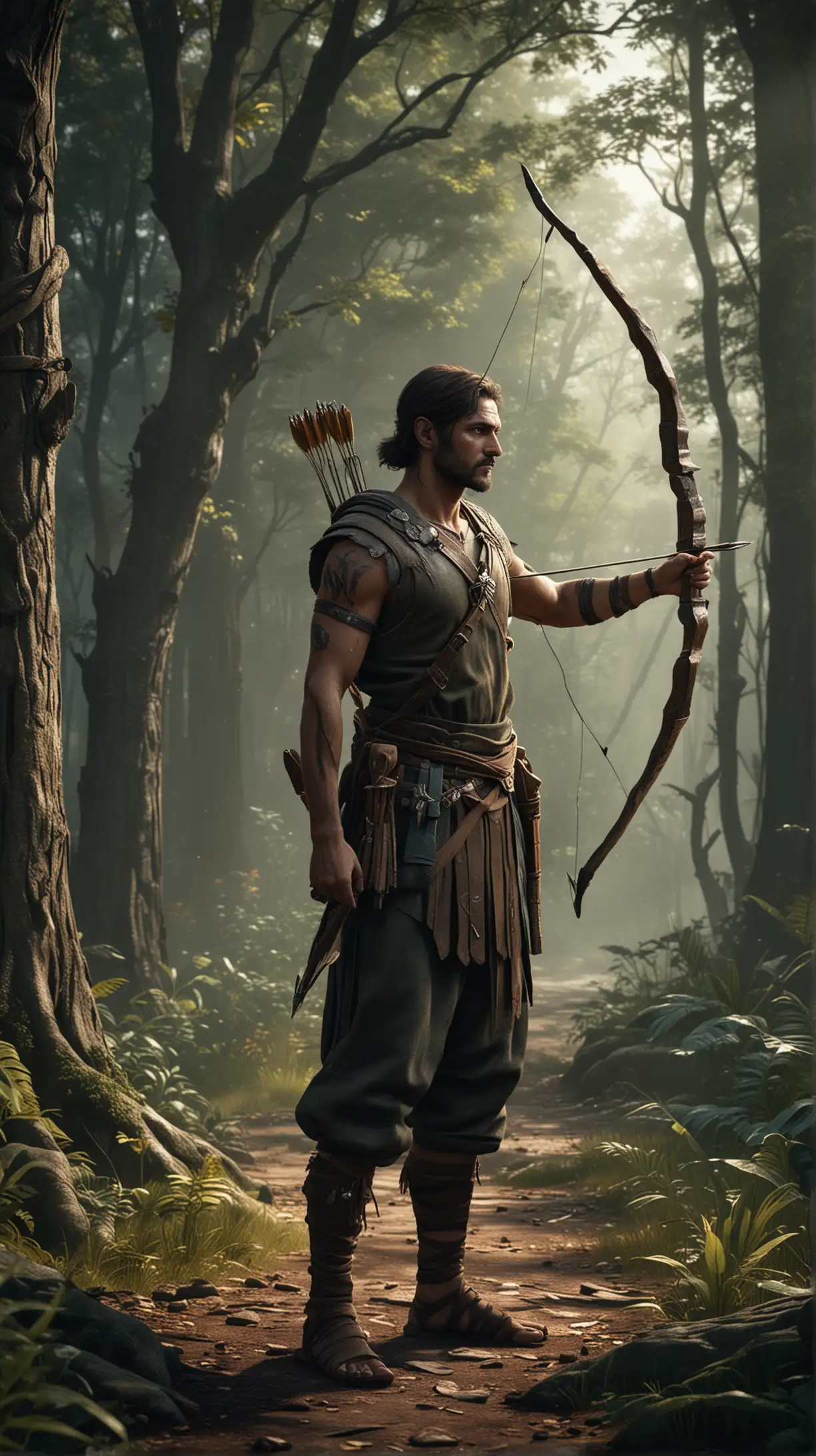 Image of an ancient attractive disciple's  in his 30s, holding a bow and an arrow in his hands, his gaze is depicted wandering around the scene, capturing the beauty of nature around him. The wooden bird, with its eye as the target, is positioned prominently in the center of the disciple's vision, drawing attention to the task at hand. Highly realistic. Create mildly dark and mildly colourful atmospheric images inspired by noir video games. Use with Vision XL for best results.