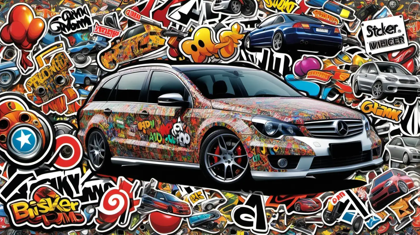 creame una composicion estilo sticker bomb con marcas de accesorios de vehiculos reales