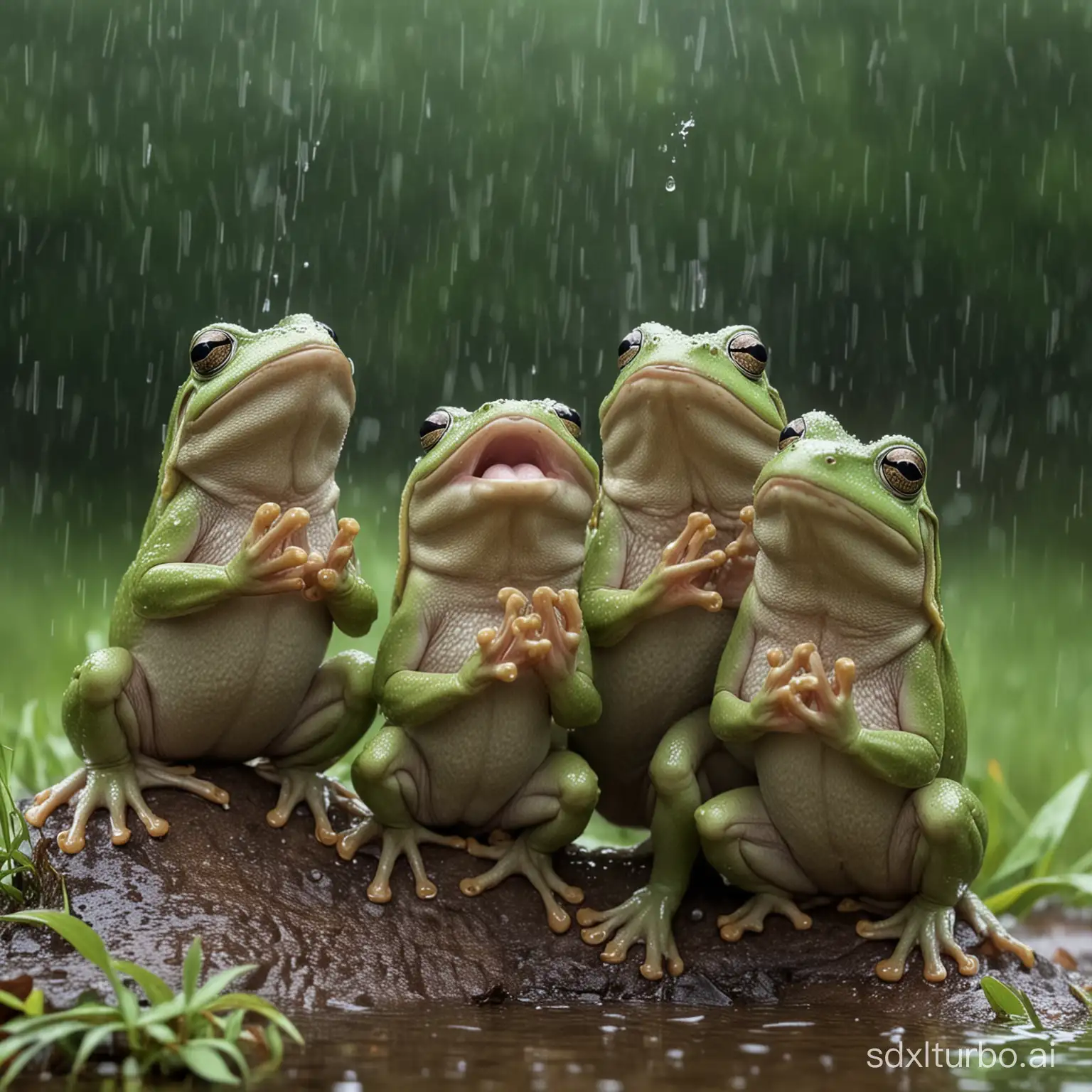 A group of frogs gather together singing and praying for rain.