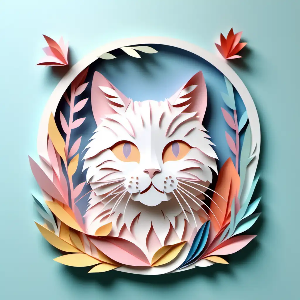 a cute cat, light pastel colorful color theme, paper - cut, rich layers, light white color, high detail, 8k, high quality, hyperrealistic