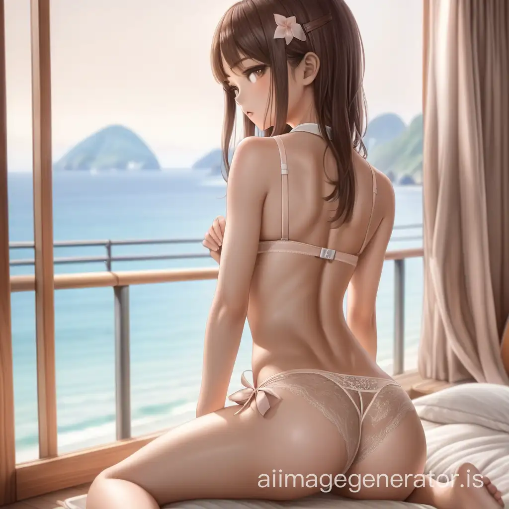 Japanese Woman in Lingerie Relaxing by Ocean View Window AI