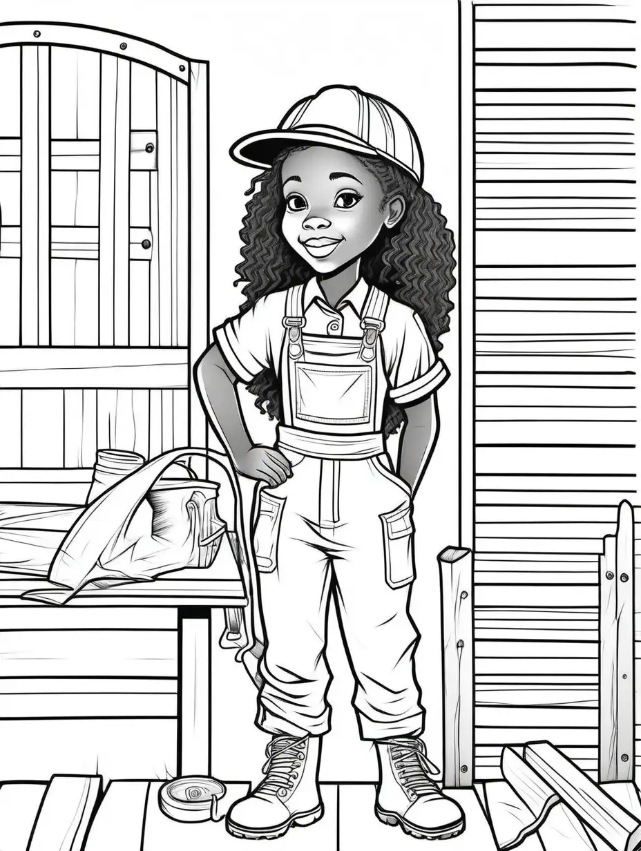 coloring book page, black and white line art, 10 year old African American girl in full body carpenter