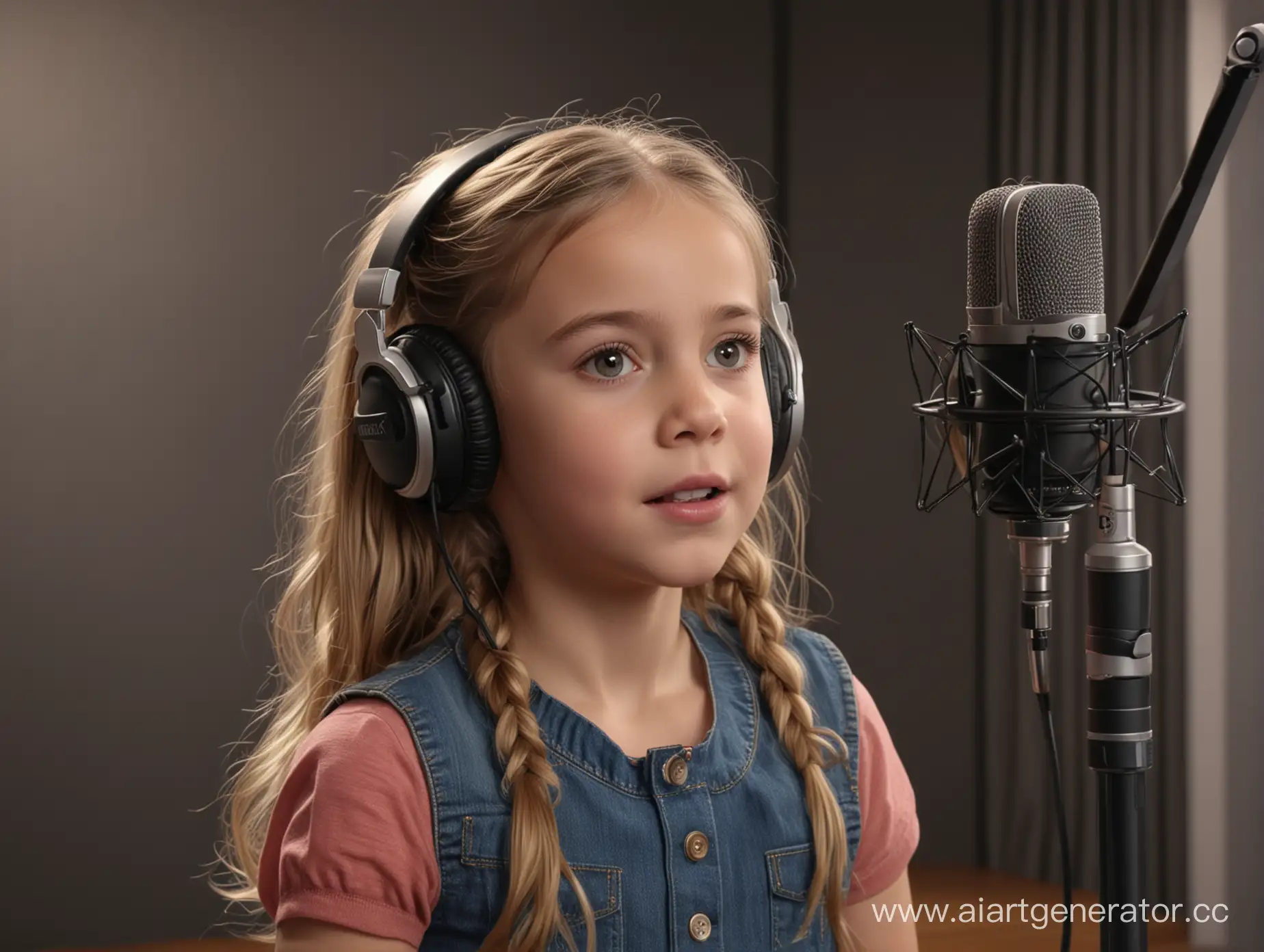 A 5-6 year old girl, in a recording studio, speaking into a professional microphone, hyper realistic, 8k, hd