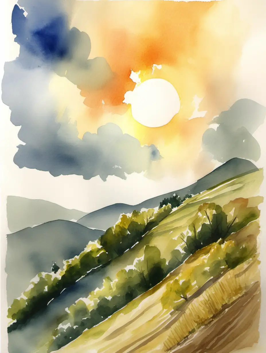 watercolor painting of hill side with sun and clouds