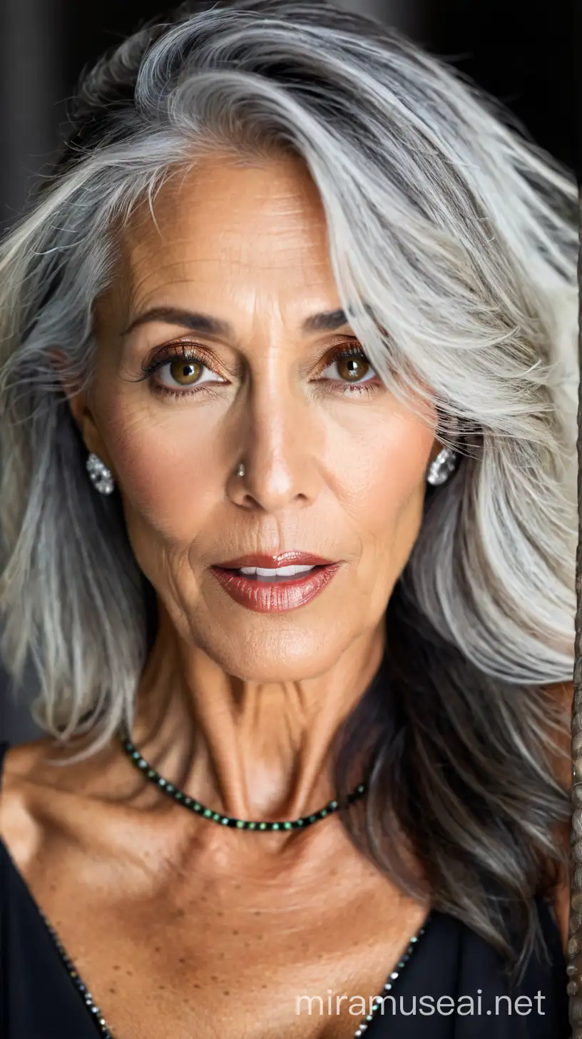 full length view of a very beautiful seductive 65 year old skinny very elegant white woman with big boobs grey hair in a bob and with al lot of freckles all over her body and an olive brown complexion and wearing transparent mesh and a high class makeup and high heels