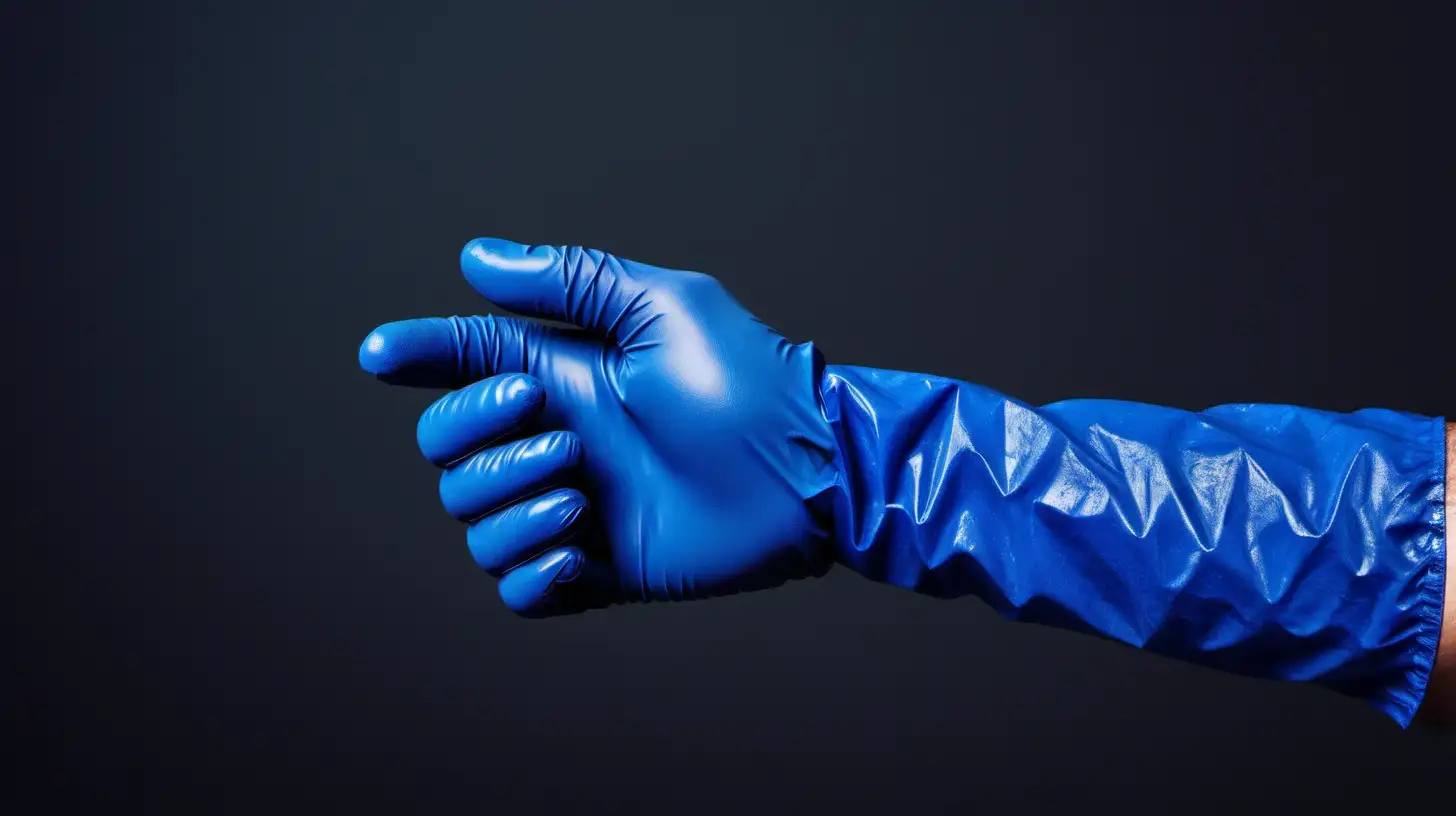 hand wearing blue gloves with small dust on palm. make the image lighter and close up
