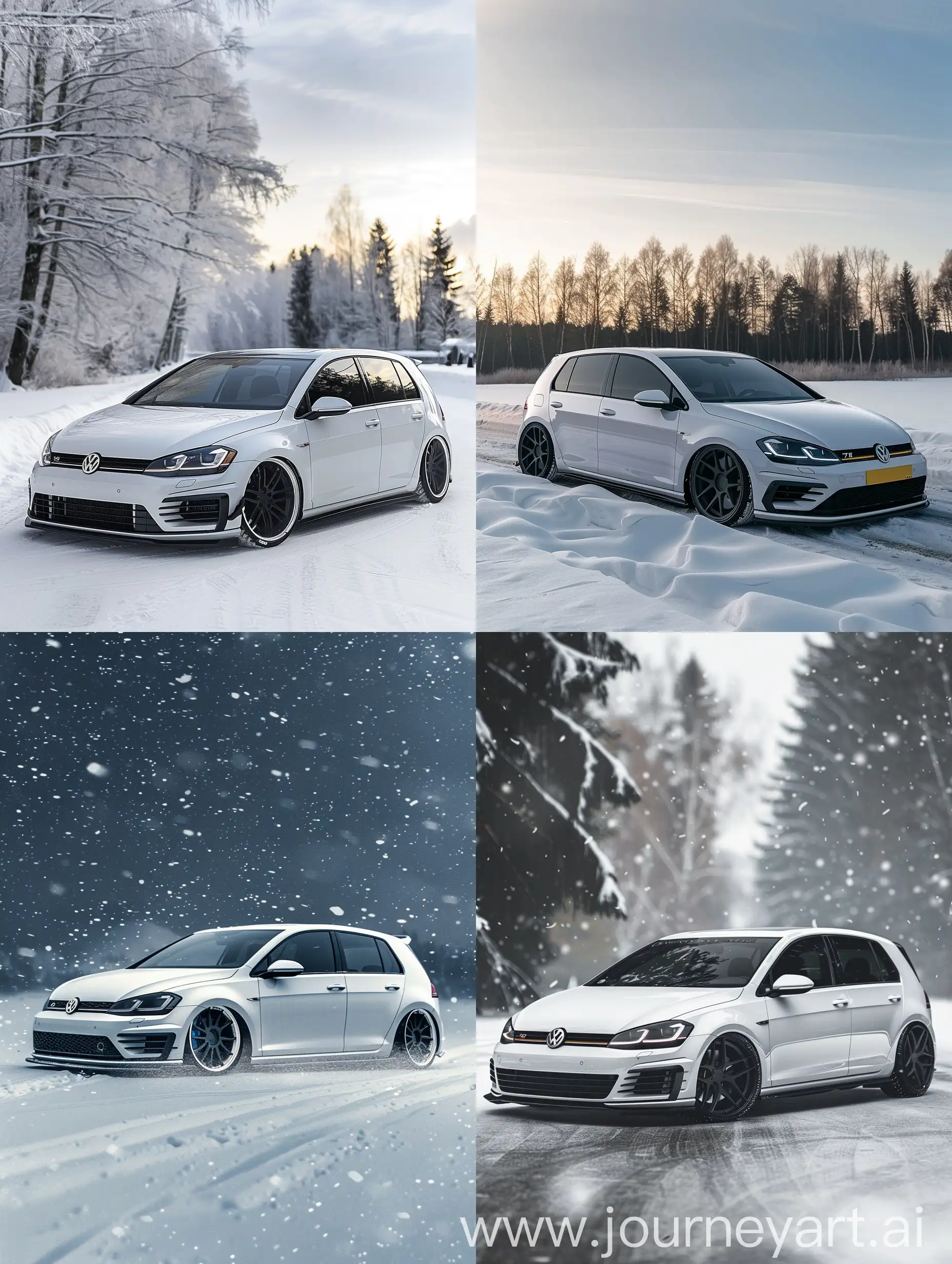 White-Volkswagen-Golf-75R-with-Black-Rims-in-Snowy-Background-Realistic-Instagram-Style-Photo