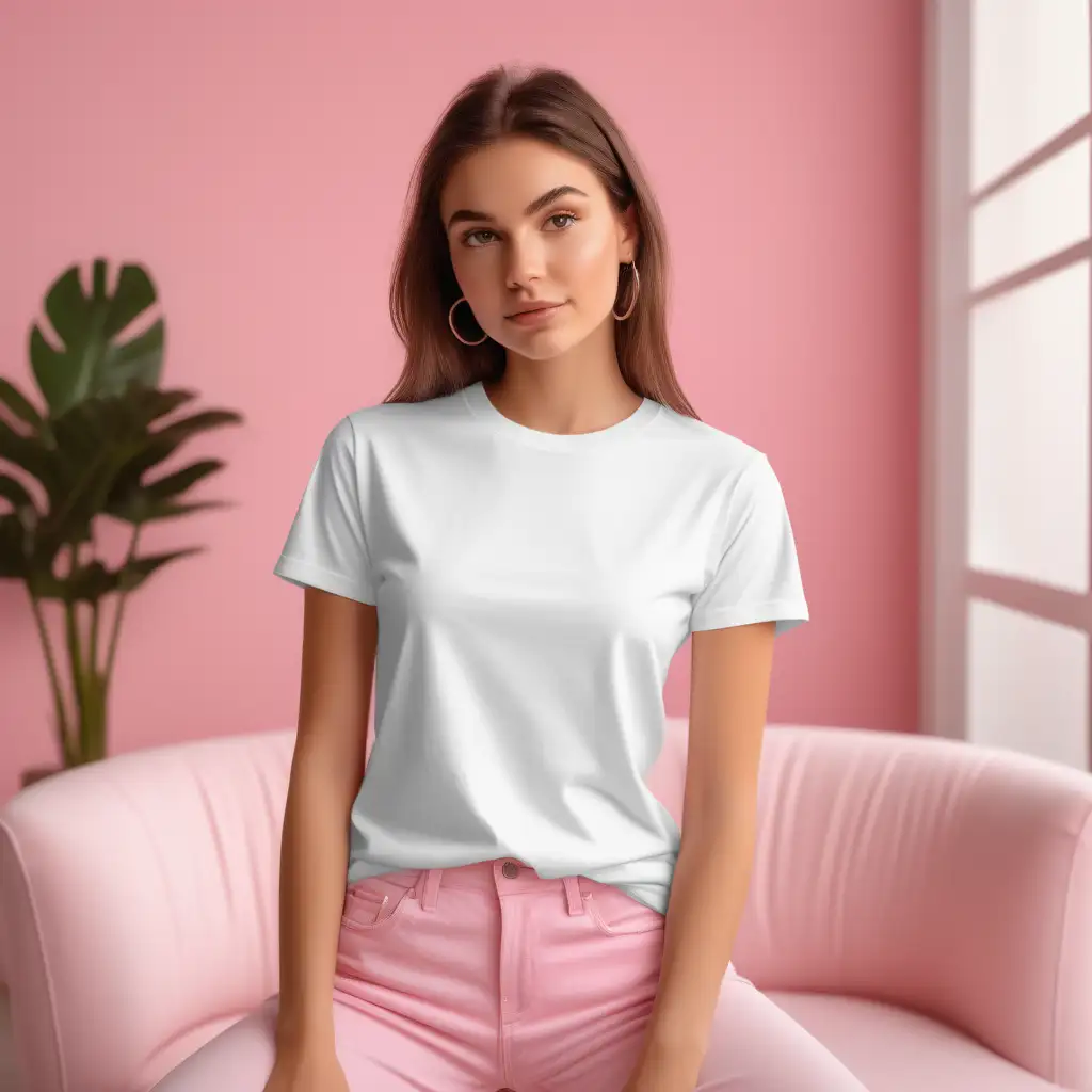 PLAIN blank  white T-SHIRT, bella 3000 mock-up photo, young trendy girl ,t-shirt frontage for showcasing designs,  good lighting .well-lit indoor room that is  furnished in pink nd white furniture,background, fun pink aesthetic
