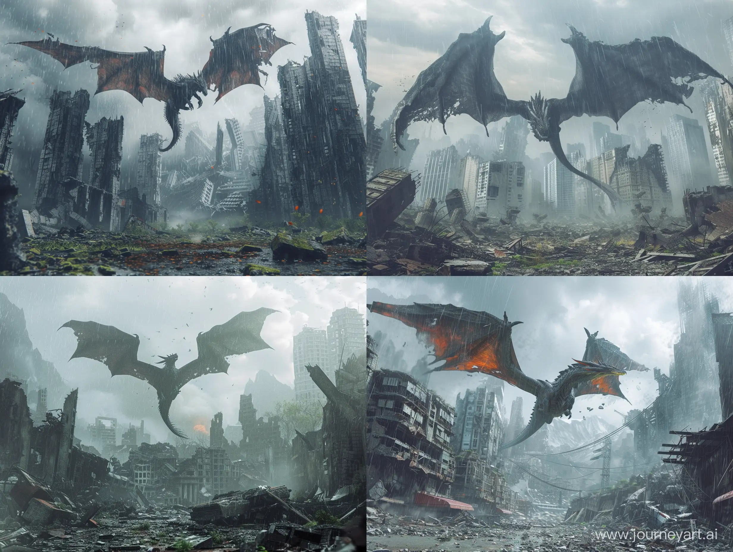 A realistic dragon hovers over the ruins of a modern city, plunged into ruins, buildings are destroyed, everything is covered in ash, a post-apocalypse has arrived. The sky is covered with clouds and it is raining. The scene is shot from the ground, the depressive atmosphere of extinct humanity.