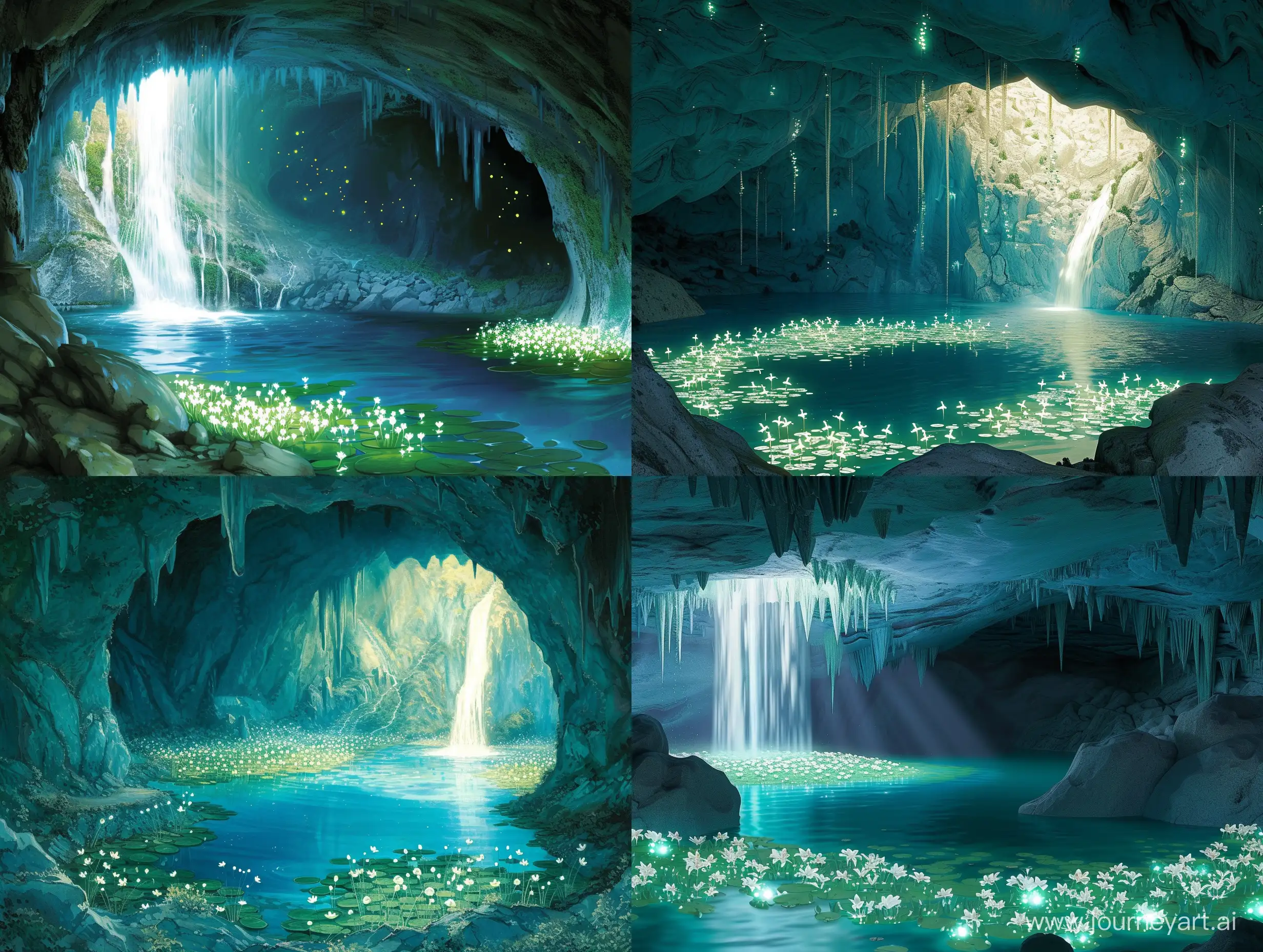 Enchanting-BlueGreen-Cave-with-Luminous-Lilies-and-Waterfall