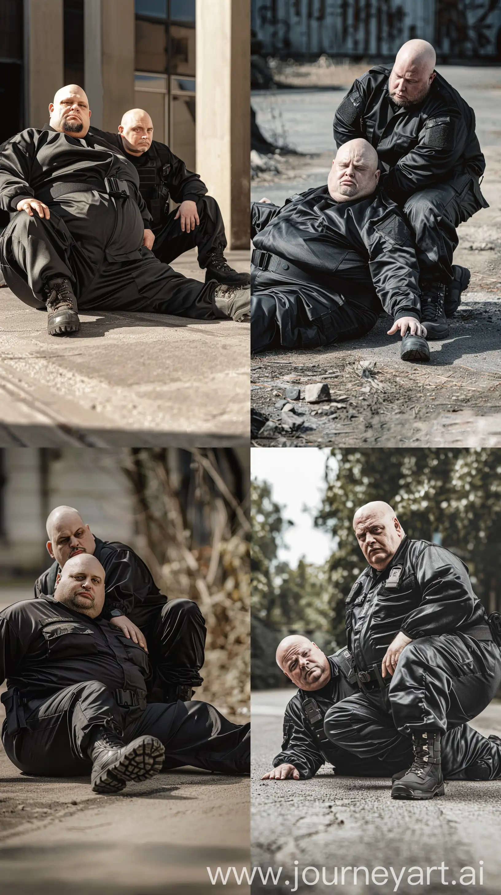 Photo of two very fat man aged 60 wearing a silk black security guard skinny-fitted full coverall tucked in black tactical hiking boots. Black tactical belt. The first man is lying on the ground. The second man is kneeling and on the thigh of the first man. Outside. Bald. Clean Shaven. Natural light. --style raw --ar 9:16