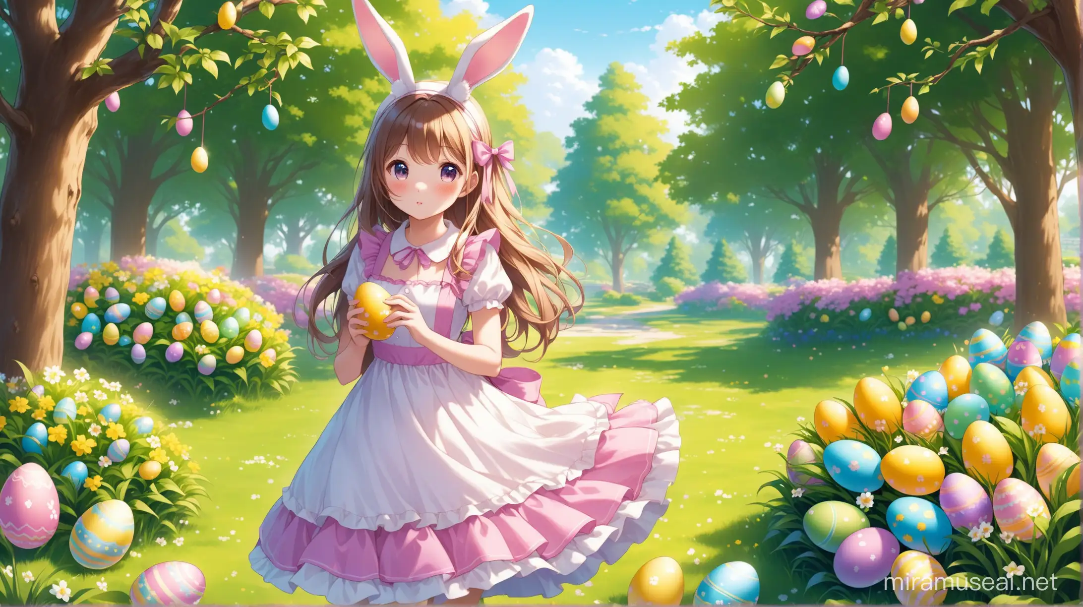 Easter Bunny Girl in Floral Garden Searching for Colorful Eggs