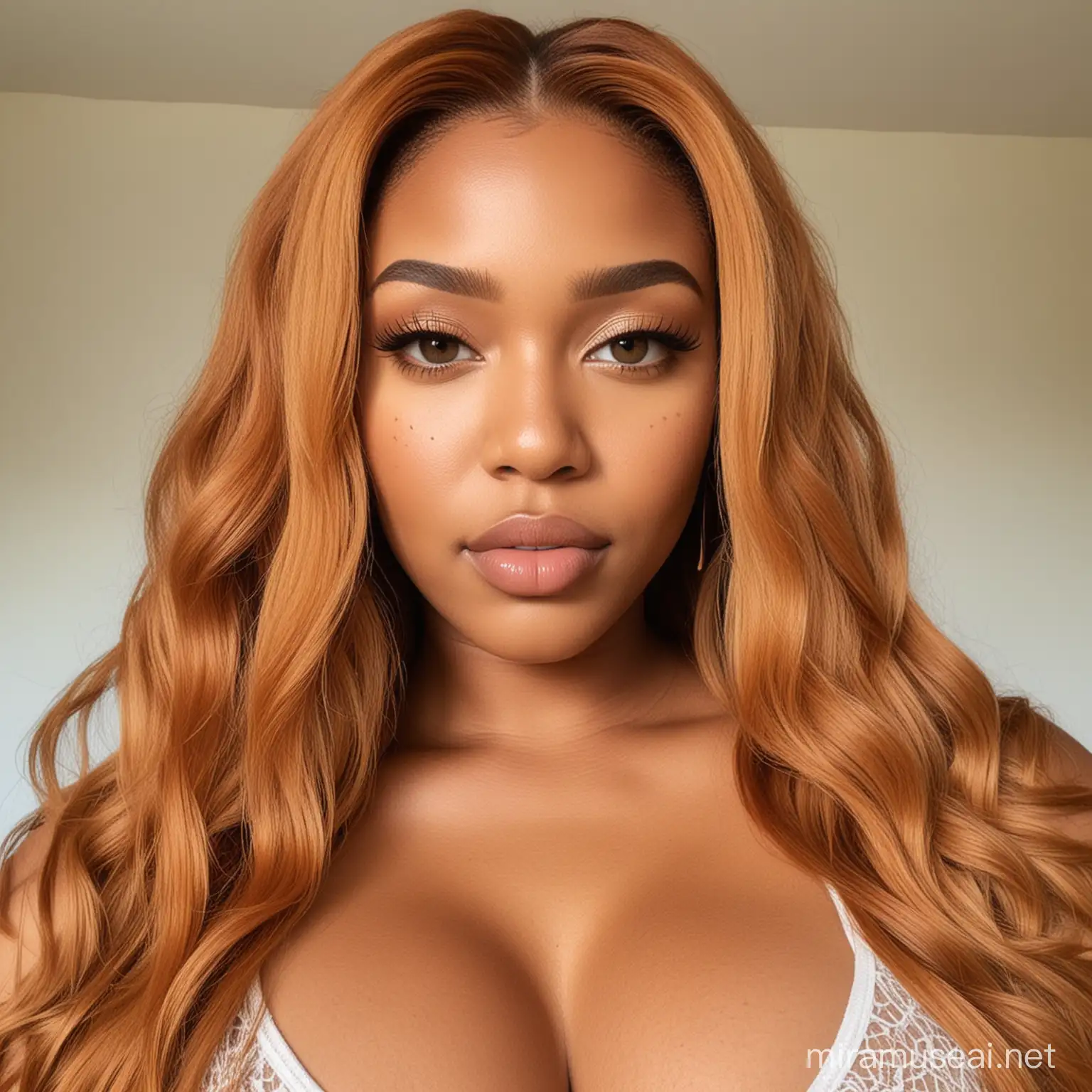 Image prompt/: generate pictures full body (face and body) of a light skinned south african very curvaceous, thick girl that looks like me, with a straight ginger hd lace front weave, thirst trap