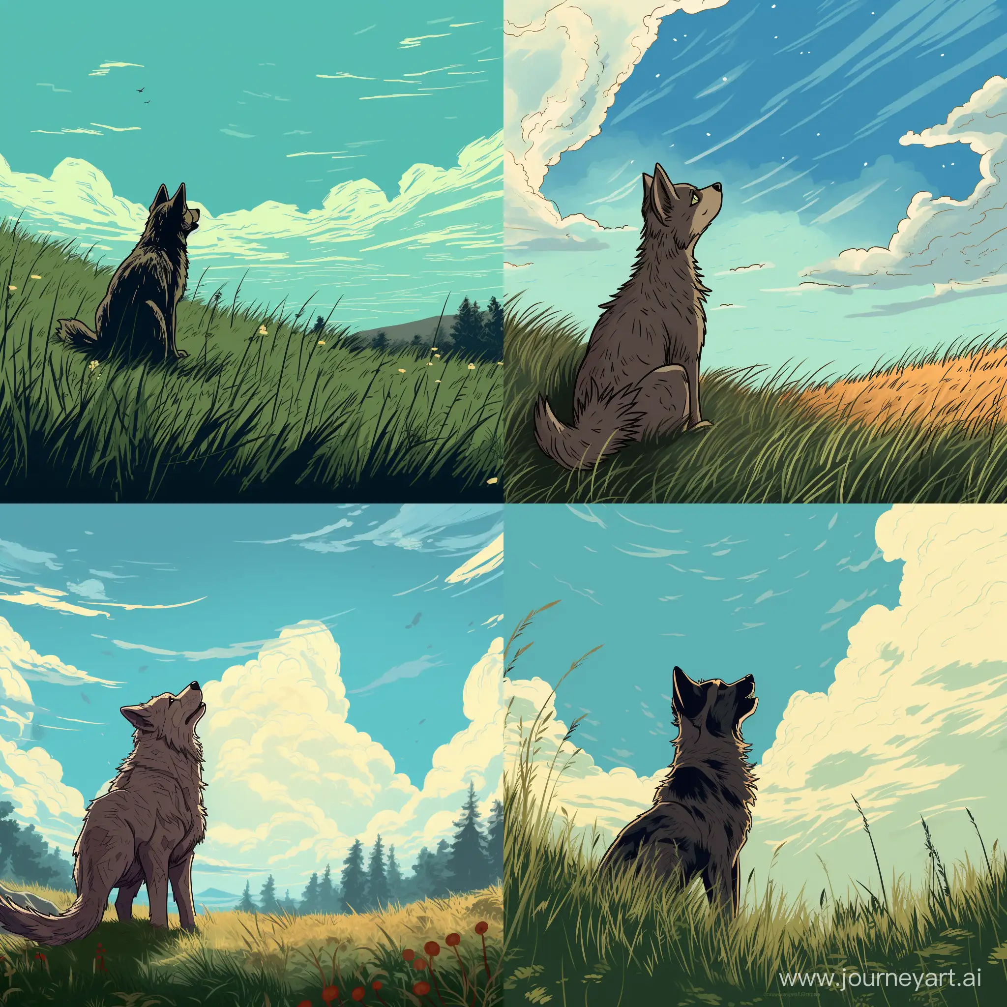 Lonely-Wolf-Gazing-at-the-Sky-in-Comic-Style-Art