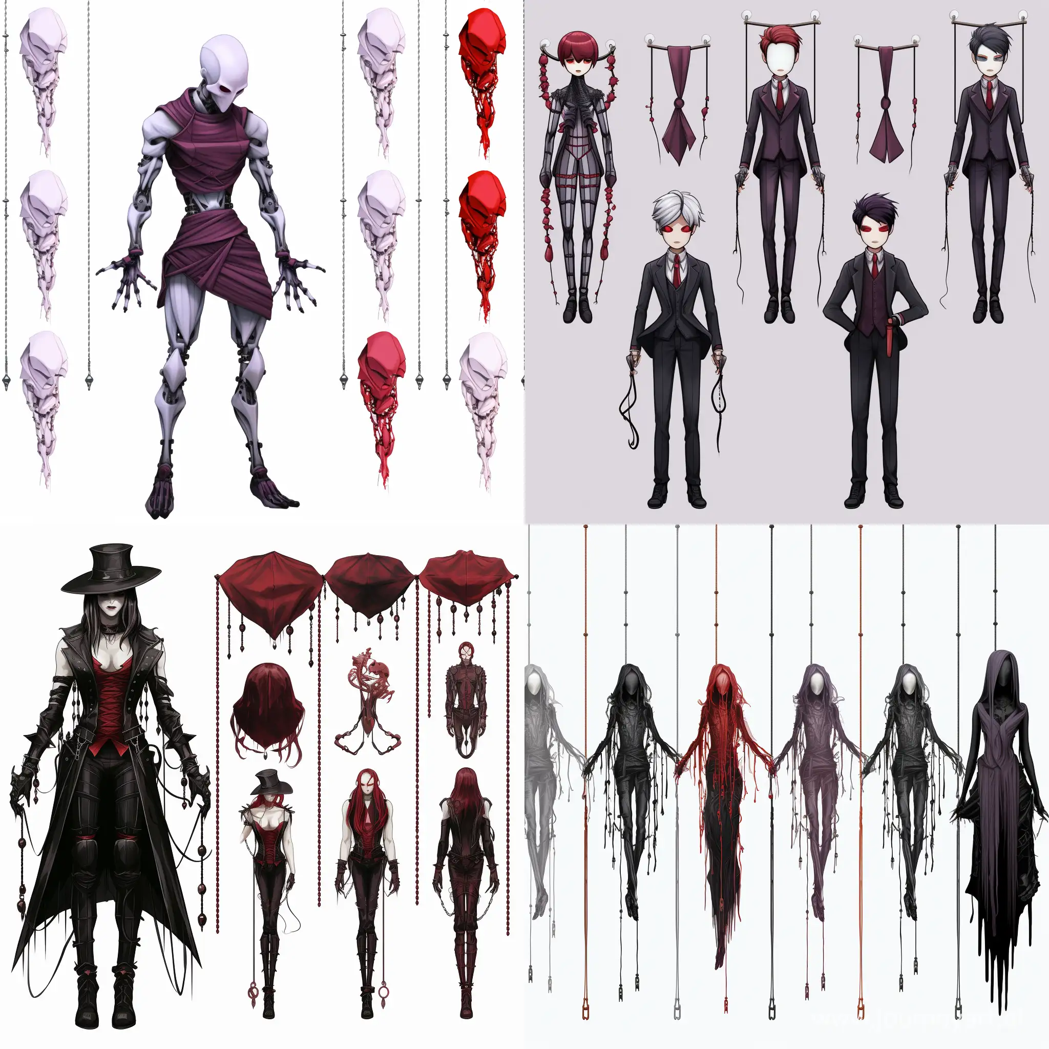 item spritesheet, light realistic fantsy marionette  only black red white purple colors