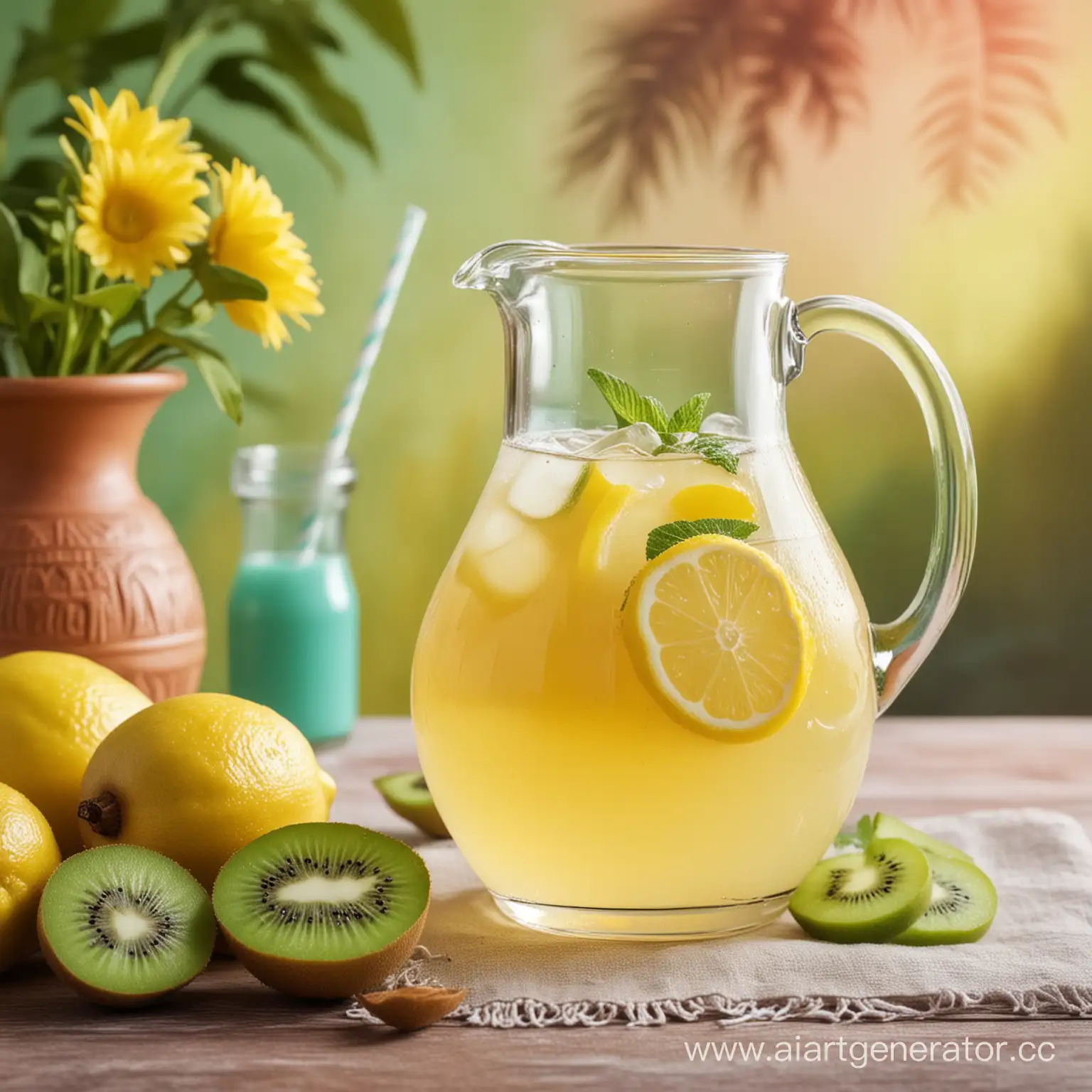 графин и стакан с лимонадом  на красивом фоне в красочных тонах.например с киви и мятой позади и лимоном