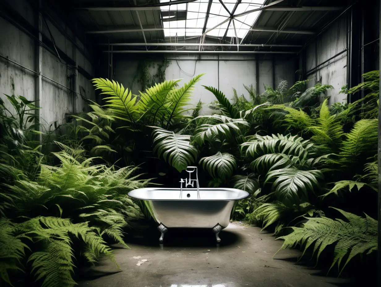 A warehouse that has been overtaken by wild ferns and jungle plants and in the middle you see a chrome bathtub and a chrome sofa 