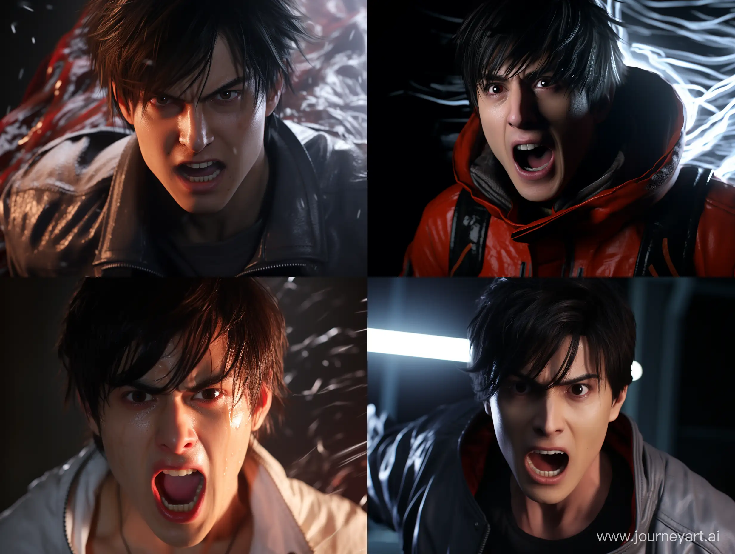 A humorous scene in the world of Tekken 8, where one of the characters, Jin Kazama is in the midst of an exaggerated and comical facial expression. His eyes are wide open, his mouth is agape, and he appears to be showing off his tongue. The background is dimly lit, creating a sense of drama and tension despite the lighthearted nature of the scene. 