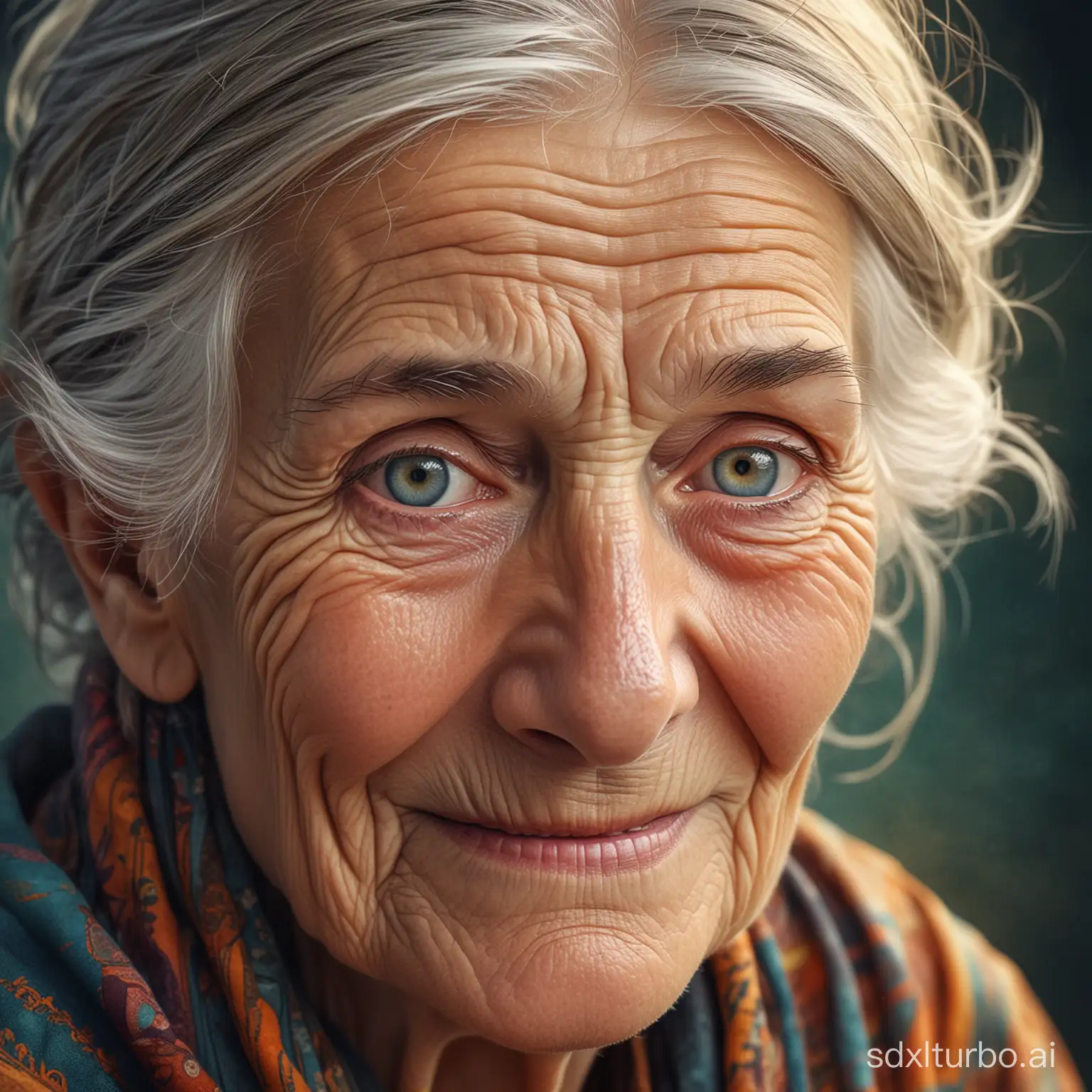 A portrait of an old woman's knowing smile, crow's feet framing empathetic eyes. Psychedelic Conceptual Digital vector Illustration with 3D Depth and complex layering, dynamic motion, organic fusion, profound compassion, muted palette, delicate lines, human face, elderly, wisdom, empathy, positivity, facial expression, emotion, psychology. --ar 9:16