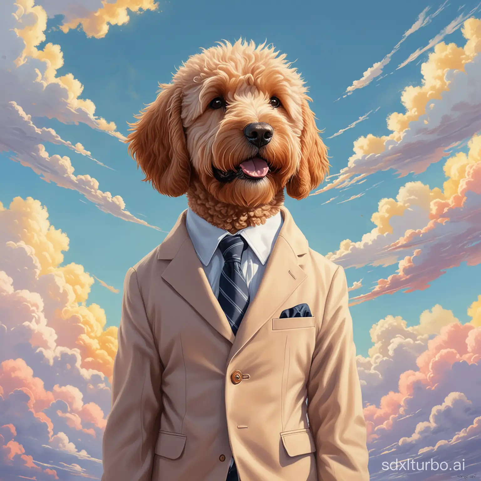 A painting of a cute goldendoodle wearing a suit,natural light,in the sky,with bright color5,by Studio Ghibli