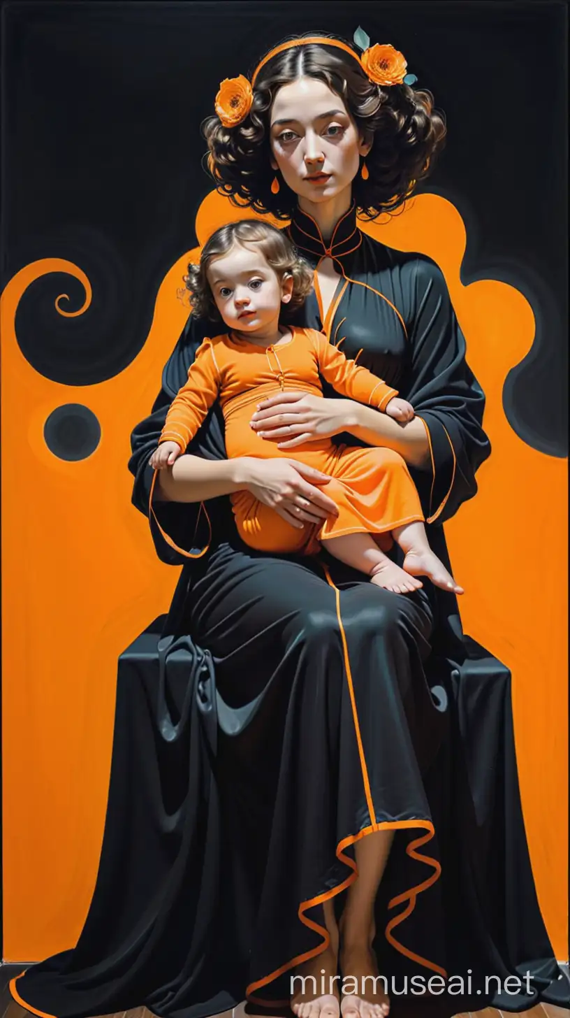 painting of woman made  of orange  outlines with black background. IN SALVADOR DALI and Klimt STYLE. only outlines. covered in clothes. woman carrying two child on her lap. 
 use only black and orange. in outlines