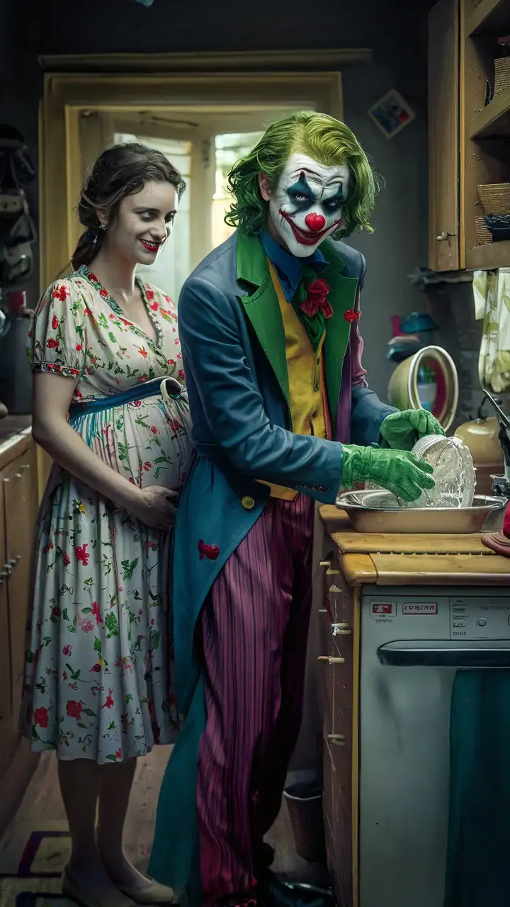 Joker washing the dishes. Joker's pregnant wife is standing beside him