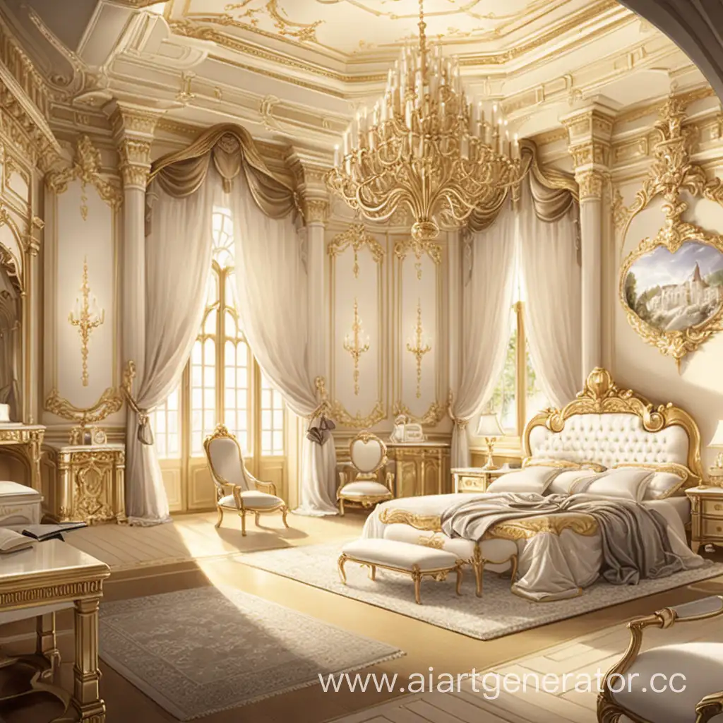 Арт, аниме, большая спальня, в золотых и белых цветах, замок 