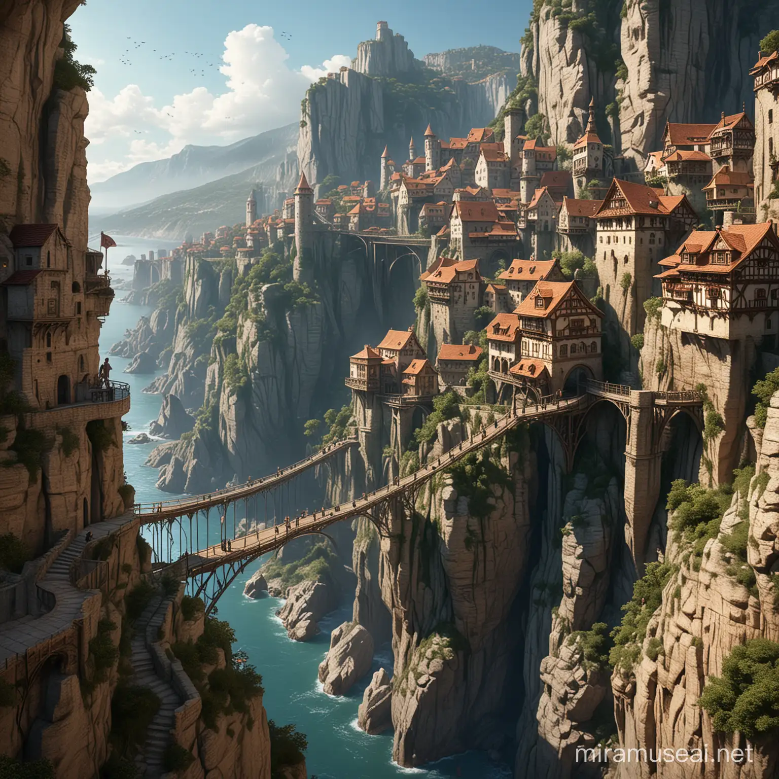 Fantasy Cliffside Cityscape with Bridges and Walkways