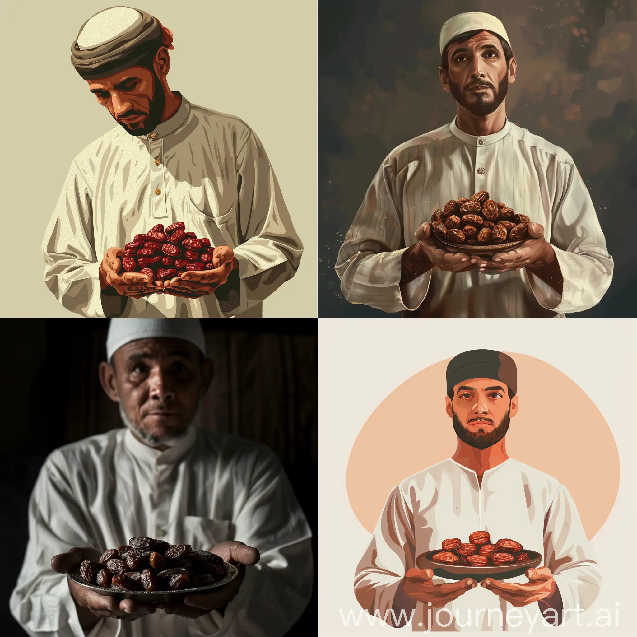 Мусульманин, мужчина, с финиками в руках, собирается держать уразу, в месяц рамадан.