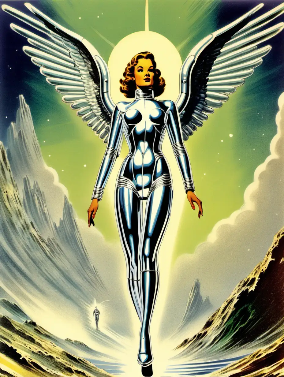 vintage scifi art of woman angel in chrome suit