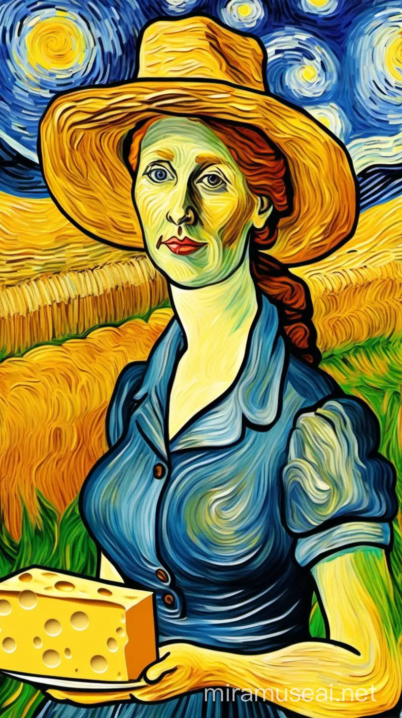 Male im Stil von van Gogh Frau Antje aus Holland mit Hut. Ein Laib Käse liegt im Vordergrund