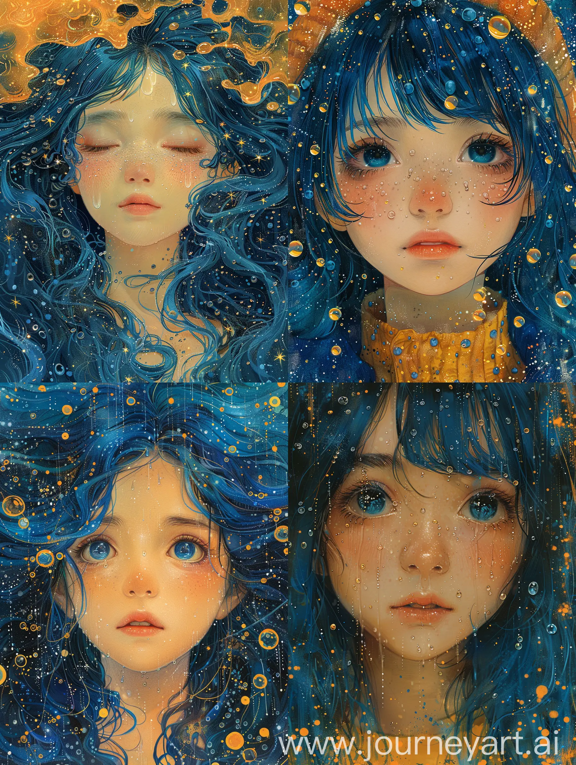 illustration of a girl with blue hair, art print, in the style of dark yellow and light azure, water drops in the form of stars, bold manga lines, the stars art group (xing xing), i can't believe how beautiful this is, dark yellow and orange, hyper-detailed  --stylize 750 